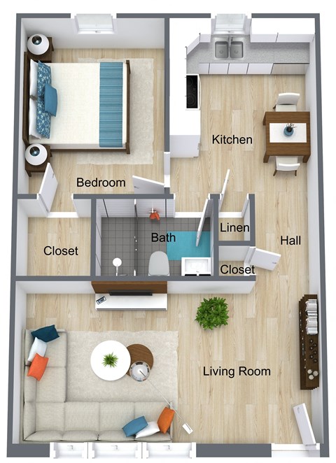Floor plan for 1 bed, 1 bath, 605 sqft
